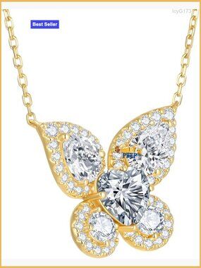 18K Gold Birthstone Butterfly Pendant Necklace, 20" Chain, Cubic Zirconia